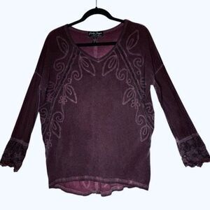 Vintage Gretty Zueger Top Burgundy Embroidered Lace Trim High Low T Size S Boho